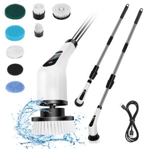 Febfoxs Electric Spin Scrubber,Electric Cleaning Brush,300/400RPM Rotational Speed,8 Brush Heads,43-54 in Adjustable for Bathroom Tub Floor Tile