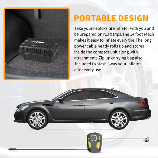FEBFOXS Digital Car Tire Inflator Portable Air Compressor for Car Tire Pump,12V 150 PSI Cordless, Bright LED Light for Cars, Motorcycles, Bikes, Motorboats - 图片 7
