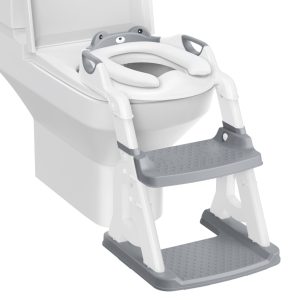 FEBFOXS Potty Training Seat, Toddler Toilet Seat for Kids Boys Girls, 2 in 1 Potty Training Toilet with Splash Guard, Anti-Slip Pad, Step Stool and Safety Handles (Grey)