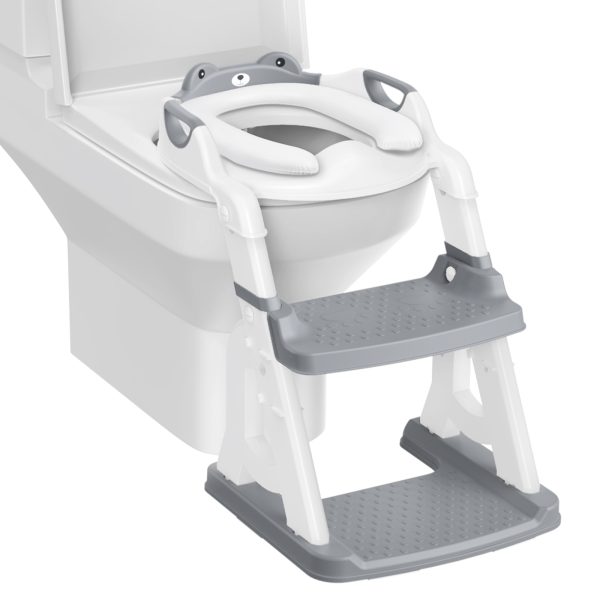 FEBFOXS Potty Training Seat, Toddler Toilet Seat for Kids Boys Girls, 2 in 1 Potty Training Toilet with Splash Guard, Anti-Slip Pad, Step Stool and Safety Handles (Grey)