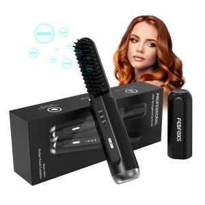 Febfoxs Hair Straightener Brush,Wireless Hair Straightening Comb,3 Temp Fast Heating & Anti-Scald Protection & 30 Minutes Auto Shut-off - KR017