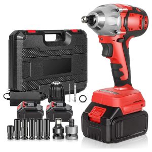 FEBFOXS Cordless Impact Wrench, Brushless Impact Wrench 1/2 inch Max Torque, 3300RPM w/ 2x Battery, 6 Sockets,9 Drill,6 Screws, High Torque Power Impact Wrench for Car Home
