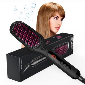 Hair Straightener Brush,Febfoxs 2-in-1 Ceramic Ionic Straightening Brush,20s Fast Heating & Anti-Scald,Auto Temperature Lock,Black - KR005