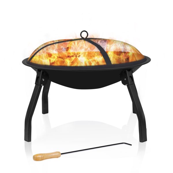 Fire Pits for Outside, 22 inch Foldable Fire Pit Wood Burning Outdoor Steel Firepit with Spark Screen and Poker for Campfire Patio Backyard Garden Picnic