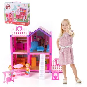 FEBFOXS Dollhouse, DIY Play Set with 2 Dolls, Furniture, Household Items and Gardening Tool Accessories, DIY Cottage Pretend Play Toy Doll House, Gift for Ages 3+, 4 Rooms