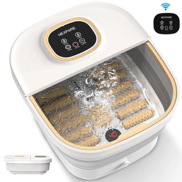 NEXPURE Foot Spa Bath Massager with Heat, Collapsible Bubble Massager with Remote Control, 12 Massage Rollers & Raised Massage Nodes for Foot Pain Relief, White