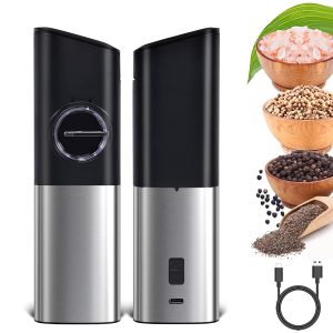 FEBFOXS 1PCS Gravity Electric Salt/Pepper Grinder, Automatic Salt and Pepper Grinder with Adjustable Coarseness,Usb, LED Light, Stainless Steel,Black