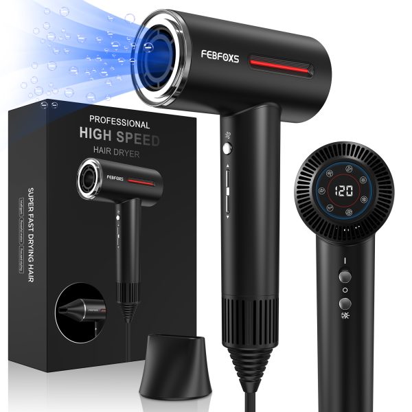 Hair Dryer, Febfoxs 110000RPM Brushless Motor Ionic Hair Dryer & LED Display with Adjustable Temperature & 3 Speeds - LS-091