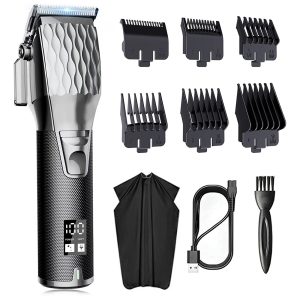 Febfoxs Professional Hair Clippers for Men - Cordless Barber Clippers for Hair Cutting, LCD Display & Travel Storage Case, haircut shawl,Silver