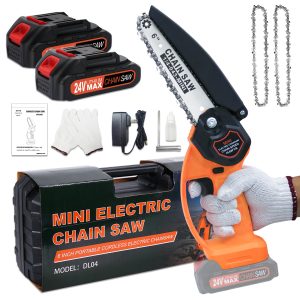 FEBFOXS 6" Mini Chainsaw 24V Battery Powered Chainsaw ,with Safety Lock,with 2 Batteries 2 Chains, 6-inch Cordless Handheld Chain Saw Wood Cutter,Orange
