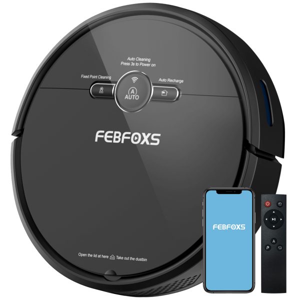FEBFOXS Robot Vacuum Cleaner D2-001, 3000PA Wi-Fi/Alexa/App, Automatic Self-Charging Robotic Vacuum with 150min Runtime, Slim, Quiet Mini Cleaning Robot for Pet Hair, Hard Floors and Carpets