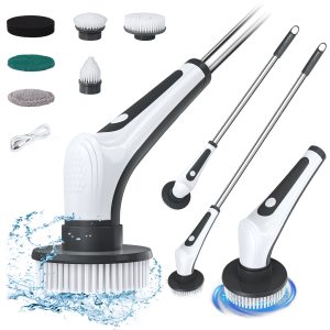 Febfoxs Electric Spin Scrubber,Electric Cleaning Brush,300/400RPM Rotational Speed,8 Brush Heads,43-54 in Adjustable for Bathroom Tub Floor Tile
