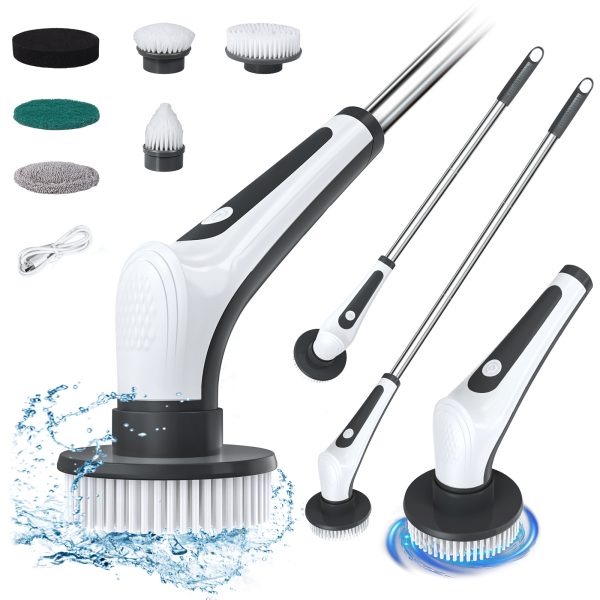 Febfoxs Electric Spin Scrubber,Electric Cleaning Brush,300/400RPM Rotational Speed,8 Brush Heads,43-54 in Adjustable for Bathroom Tub Floor Tile