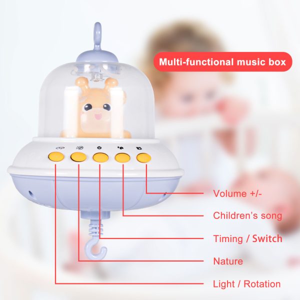 FEBFOXS Baby Crib Mobile with Music and Lights, Mobile for Crib with Remote Control, Timing Function, Rotation, Hanging Rotating Animals Rattles, Baby Crib Toys for Boys Girls, Blue - 图片 4