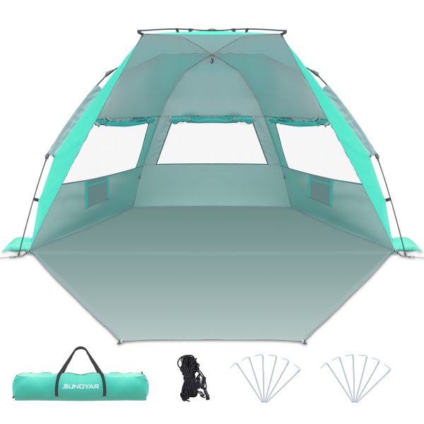 Beach Tent, 4-6 Person Pop-up Beach Tent Sun Shelter, UPF 50+ UV Protection Portable Waterproof Beach Tent, Sunshade with Extendable Floor for Family, Fishing, Camping, Green