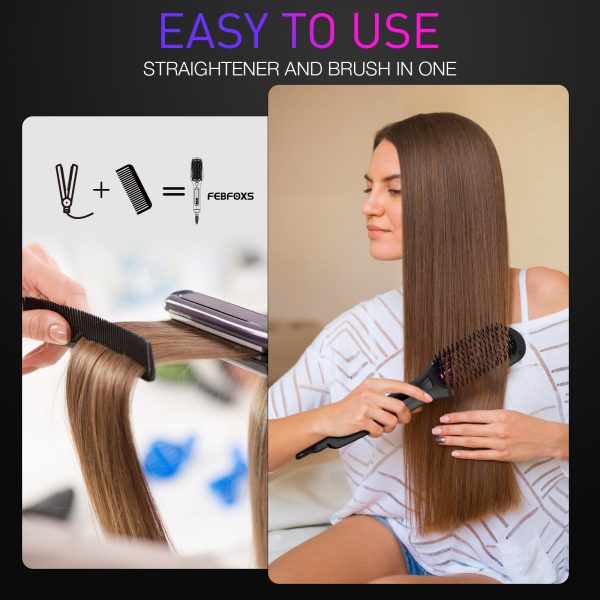 Hair Straightener Brush,Febfoxs 2-in-1 Ceramic Ionic Straightening Brush,20s Fast Heating & Anti-Scald,Auto Temperature Lock,Black - KR005 - 图片 2