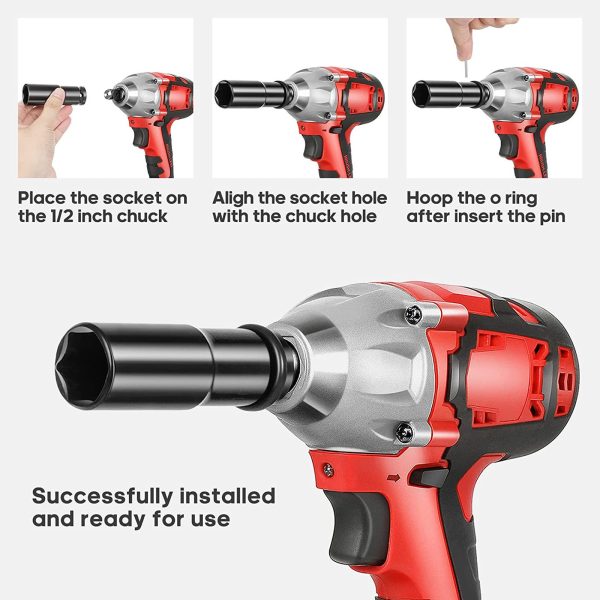 FEBFOXS Cordless Impact Wrench, Brushless Impact Wrench 1/2 inch Max Torque, 3300RPM w/ 2x Battery, 6 Sockets,9 Drill,6 Screws, High Torque Power Impact Wrench for Car Home - 图片 3