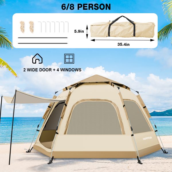 6-8 Person Tent with Removable Rain Fly and Carrying Bag, Waterproof, Easy Setup for Camping/Family Outdoor/Hiking/Backpacking/Beach - Image 2
