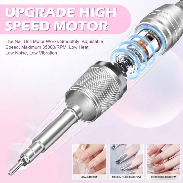 NEXPURE Electric Nail Drill Professional, Cordless Rechargeable 35000 RPM Nail Drill Set for Removing Acrylic Nails Polish with Drill Bit Set for Manicure Salon, Home, Purple - Image 2