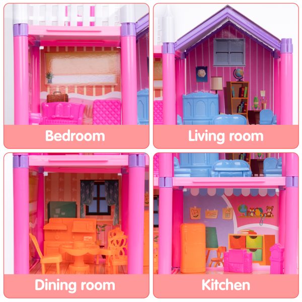FEBFOXS Dollhouse, DIY Play Set with 2 Dolls, Furniture, Household Items and Gardening Tool Accessories, DIY Cottage Pretend Play Toy Doll House, Gift for Ages 3+, 4 Rooms - Image 6