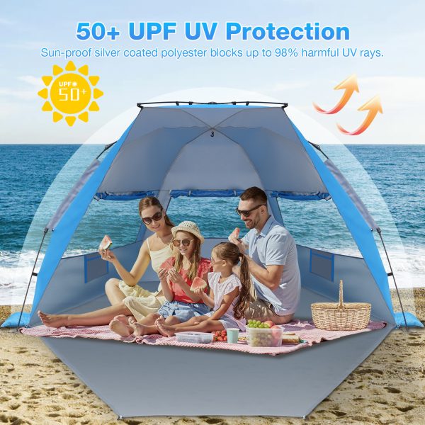 Beach Tent, 4-6 Person Pop-up Beach Tent Sun Shelter, UPF 50+ UV Protection Portable Waterproof Beach Tent, Sunshade with Extendable Floor for Family, Fishing, Camping, Blue - 图片 2