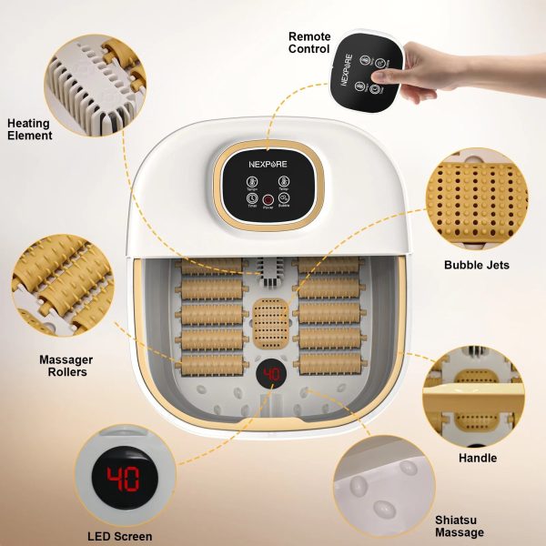 NEXPURE Foot Spa Bath Massager with Heat, Collapsible Bubble Massager with Remote Control, 12 Massage Rollers & Raised Massage Nodes for Foot Pain Relief, White - 图片 2