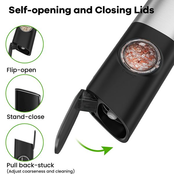 FEBFOXS 1PCS Gravity Electric Salt/Pepper Grinder, Automatic Salt and Pepper Grinder with Adjustable Coarseness,Usb, LED Light, Stainless Steel,Black - Image 2