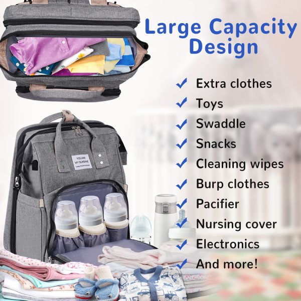FEBFOXS Diaper Bag Backpack, Multifunction Waterproof Baby Diaper Bag, Large Capacity Foldable Crib Travel Bag with Changing Pad, USB Charging Port, Travel Back Pack for Moms Dads, Gray - 图片 8
