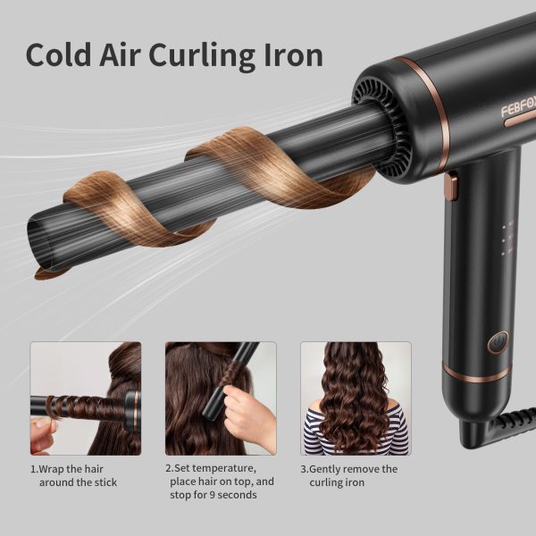 Febfoxs Curling Iron, Cold Curling Iron,Ceramic Curling Iron with Cooling Air Long Last 1" Barrel Hair Curler Volcanic Lava Mineral Protect Hair and Create Beach Wave Curls - 图片 2