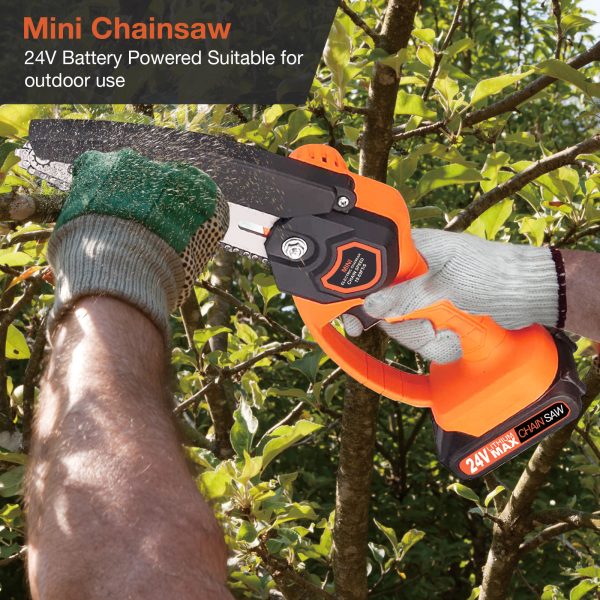FEBFOXS 6" Mini Chainsaw 24V Battery Powered Chainsaw ,with Safety Lock,with 2 Batteries 2 Chains, 6-inch Cordless Handheld Chain Saw Wood Cutter,Orange - 图片 3