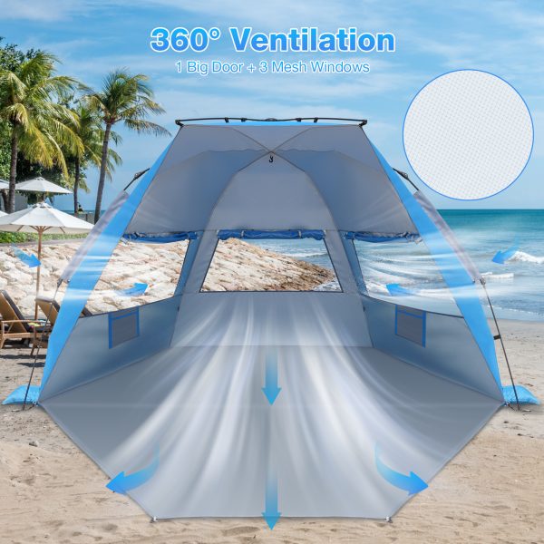 Beach Tent, 4-6 Person Pop-up Beach Tent Sun Shelter, UPF 50+ UV Protection Portable Waterproof Beach Tent, Sunshade with Extendable Floor for Family, Fishing, Camping, Blue - 图片 3