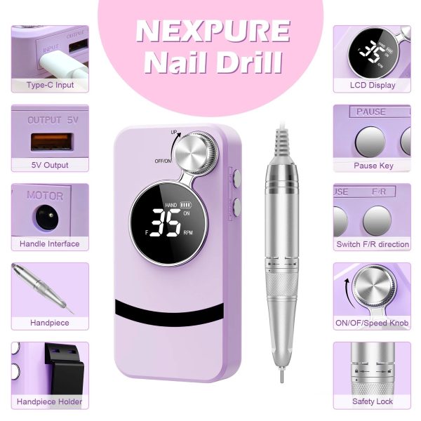 NEXPURE Electric Nail Drill Professional, Cordless Rechargeable 35000 RPM Nail Drill Set for Removing Acrylic Nails Polish with Drill Bit Set for Manicure Salon, Home, Purple - Image 3