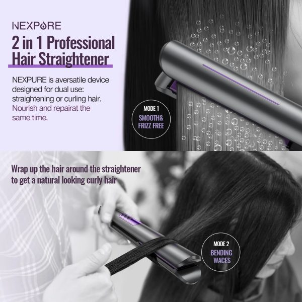 NEXPURE Hair Straightener, Professional Salon 2-in-1 Ceramic Hair Straightener and Curler with LED Display, Front Anti-Scalding Function, Fast Heating, Suitable for All Hair Types - 图片 3