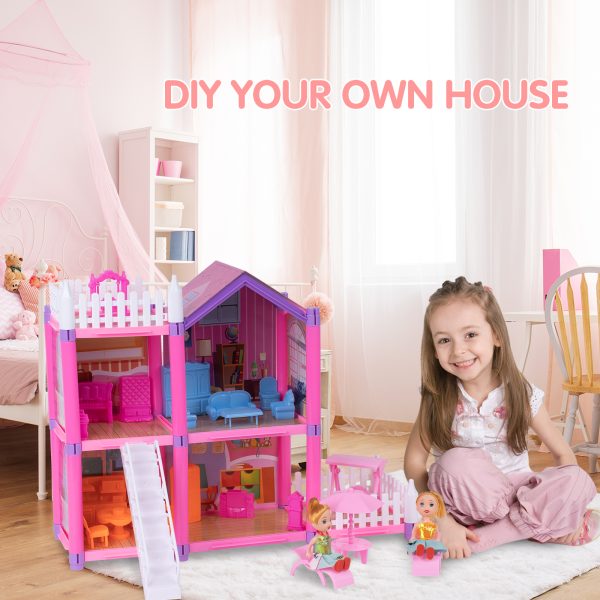FEBFOXS Dollhouse, DIY Play Set with 2 Dolls, Furniture, Household Items and Gardening Tool Accessories, DIY Cottage Pretend Play Toy Doll House, Gift for Ages 3+, 4 Rooms - Image 5