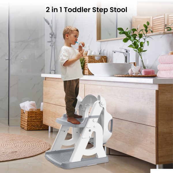 FEBFOXS Potty Training Seat, Toddler Toilet Seat for Kids Boys Girls, 2 in 1 Potty Training Toilet with Splash Guard, Anti-Slip Pad, Step Stool and Safety Handles (Grey) - Image 2