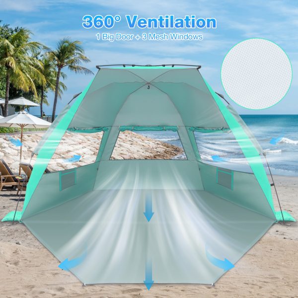 Beach Tent, 4-6 Person Pop-up Beach Tent Sun Shelter, UPF 50+ UV Protection Portable Waterproof Beach Tent, Sunshade with Extendable Floor for Family, Fishing, Camping, Green - Image 4