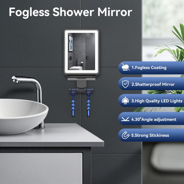 NEXPURE Vanity Fogless LED Shaving Mirror - Makeup Tricolor Travel Mirror with Razor Holder, Black - Image 3