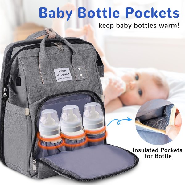 FEBFOXS Diaper Bag Backpack, Multifunction Waterproof Baby Diaper Bag, Large Capacity Foldable Crib Travel Bag with Changing Pad, USB Charging Port, Travel Back Pack for Moms Dads, Gray - 图片 7