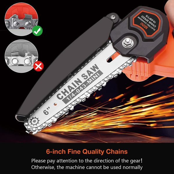 FEBFOXS 6" Mini Chainsaw 24V Battery Powered Chainsaw ,with Safety Lock,with 2 Batteries 2 Chains, 6-inch Cordless Handheld Chain Saw Wood Cutter,Orange - 图片 2