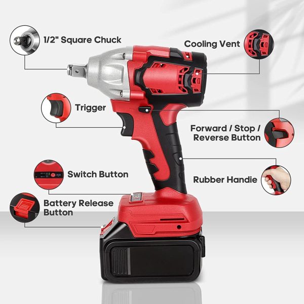FEBFOXS Cordless Impact Wrench, Brushless Impact Wrench 1/2 inch Max Torque, 3300RPM w/ 2x Battery, 6 Sockets,9 Drill,6 Screws, High Torque Power Impact Wrench for Car Home - 图片 2