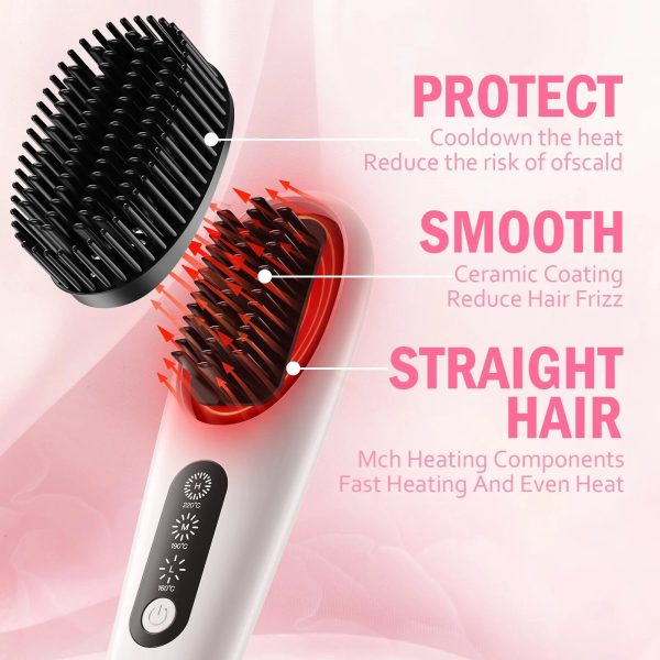 NEXPURE Hair Straightener Brush, Negative Ionic Ceramics Cordless Hair Straightener Comb with LED Display, Fast Heating Suitable for Travel and Home Use - Image 3