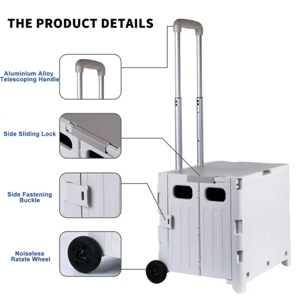 Foldable Utility Cart Folding Portable Rolling Crate Handcart Shopping Trolley Wheel Box with Lid Wear-Resistant Noiseless With 360°Rotate Wheel - 图片 4