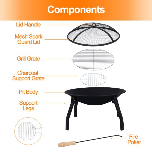 Fire Pits for Outside, 22 inch Foldable Fire Pit Wood Burning Outdoor Steel Firepit with Spark Screen and Poker for Campfire Patio Backyard Garden Picnic - 图片 4