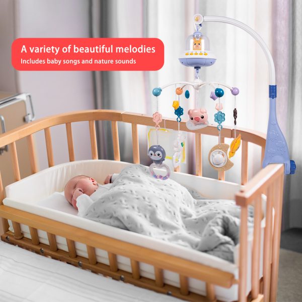 FEBFOXS Baby Crib Mobile with Music and Lights, Mobile for Crib with Remote Control, Timing Function, Rotation, Hanging Rotating Animals Rattles, Baby Crib Toys for Boys Girls, Blue - 图片 6