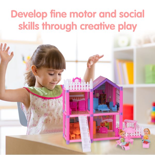 FEBFOXS Dollhouse, DIY Play Set with 2 Dolls, Furniture, Household Items and Gardening Tool Accessories, DIY Cottage Pretend Play Toy Doll House, Gift for Ages 3+, 4 Rooms - Image 4