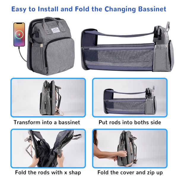 FEBFOXS Diaper Bag Backpack, Multifunction Waterproof Baby Diaper Bag, Large Capacity Foldable Crib Travel Bag with Changing Pad, USB Charging Port, Travel Back Pack for Moms Dads, Gray - 图片 6