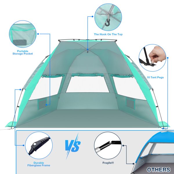 Beach Tent, 4-6 Person Pop-up Beach Tent Sun Shelter, UPF 50+ UV Protection Portable Waterproof Beach Tent, Sunshade with Extendable Floor for Family, Fishing, Camping, Green - Image 2