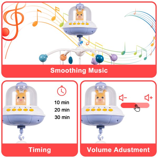 FEBFOXS Baby Crib Mobile with Music and Lights, Mobile for Crib with Remote Control, Timing Function, Rotation, Hanging Rotating Animals Rattles, Baby Crib Toys for Boys Girls, Blue - 图片 5