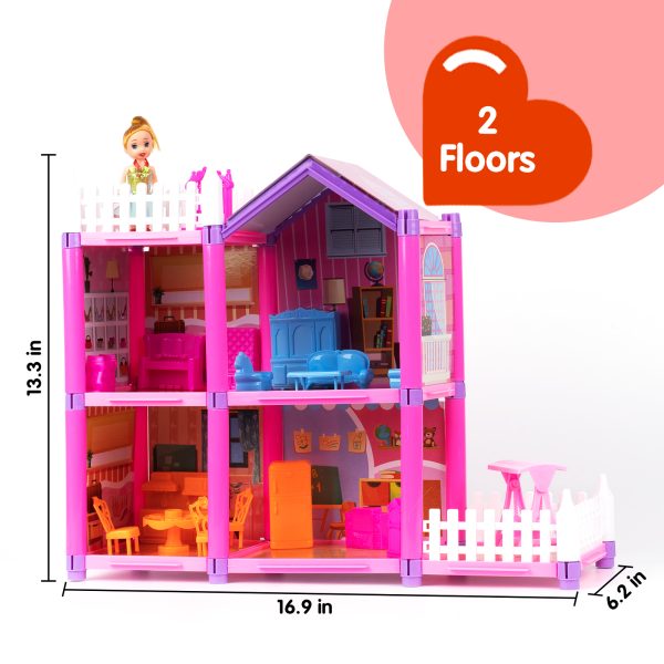 FEBFOXS Dollhouse, DIY Play Set with 2 Dolls, Furniture, Household Items and Gardening Tool Accessories, DIY Cottage Pretend Play Toy Doll House, Gift for Ages 3+, 4 Rooms - Image 3