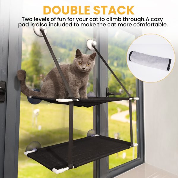 Cat Window Perch, Double Layered Cat Window Hammock, Window Mounted Cat Seat Cat Bed, Window Sill Cat Bed, Cat Hammock for Window, Black - 图片 4